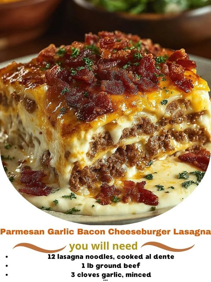 Parmesan Garlic Bacon Cheeseburger Lasagna served on a plate with fresh basil.