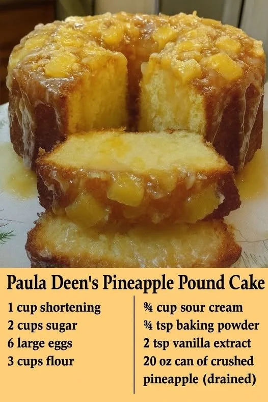 Delicious slice of Paula Deen's Pineapple Pound Cake on a plate