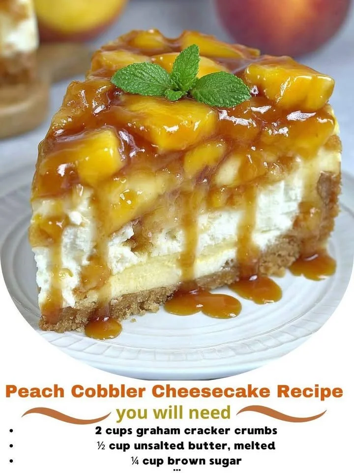 Slice of Peach Cobbler Cheesecake topped with fresh peaches and whipped cream