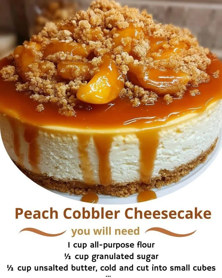 Slice of Peach Cobbler Cheesecake topped with fresh peaches and crust.