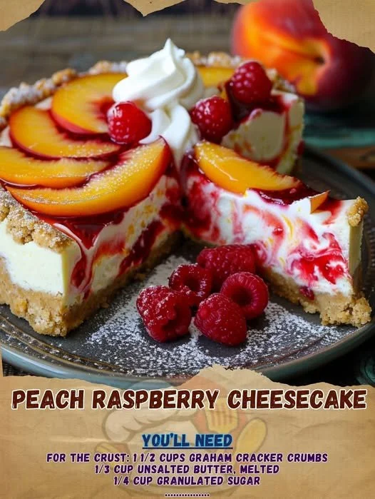 Slice of Peach Raspberry Cheesecake topped with fresh fruit and drizzled sauce