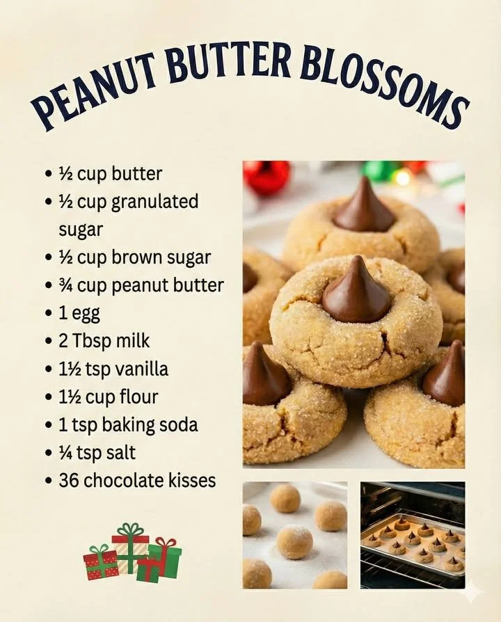 Delicious Peanut Butter Blossoms cookies topped with chocolate kisses