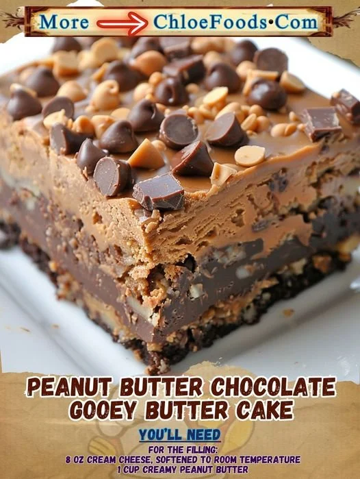 Peanut Butter Chocolate Gooey Butter Cake topped with chocolate and peanut butter drizzle