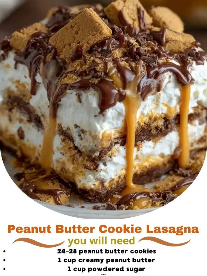 Delicious peanut butter cookie lasagna with layered cookies and creamy filling