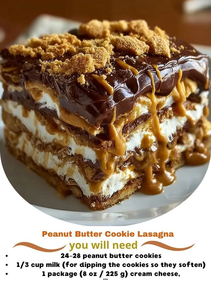 Peanut Butter Cookie Lasagna dessert served in a dish
