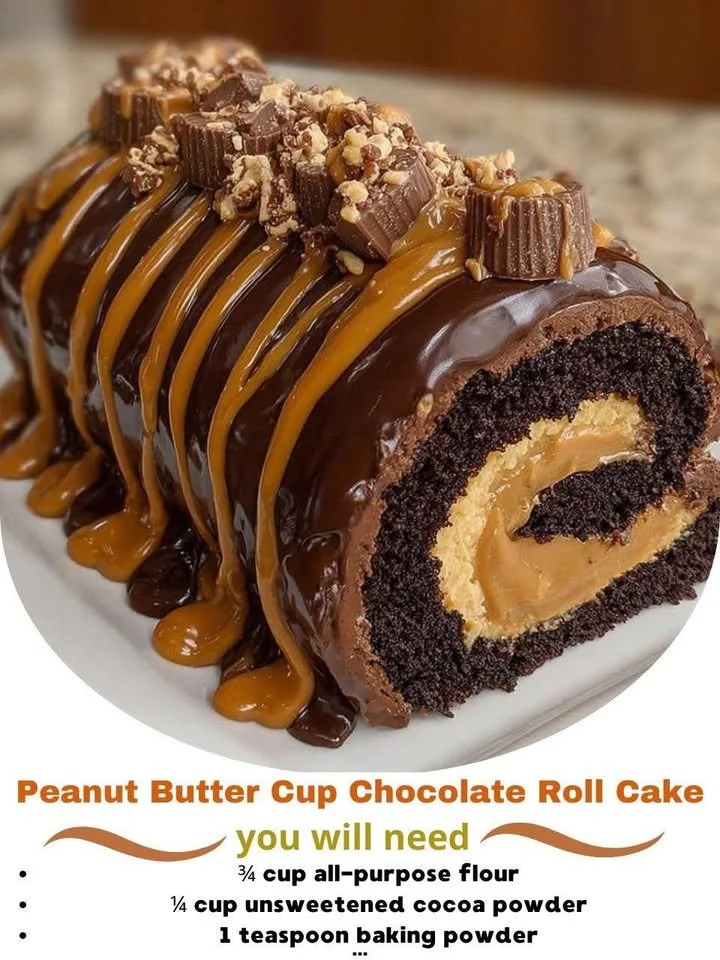 Peanut Butter Cup Chocolate Roll Cake topped with chocolate and peanut butter garnish.