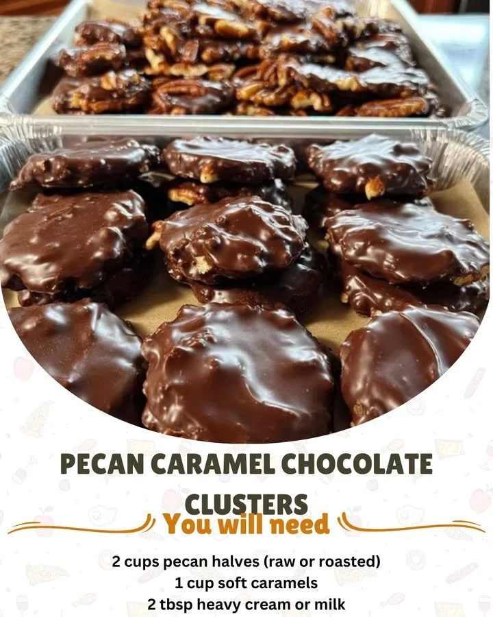 Delicious pecan caramel chocolate clusters on a wooden table
