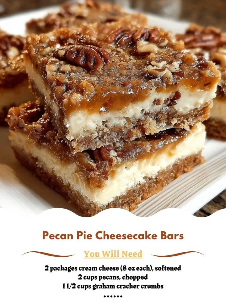 Delicious pecan pie cheesecake bars topped with pecans and caramel.