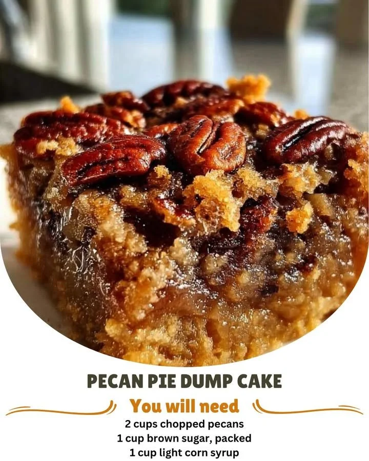 A slice of pecan pie dump cake with pecans on top, showcasing its rich texture.