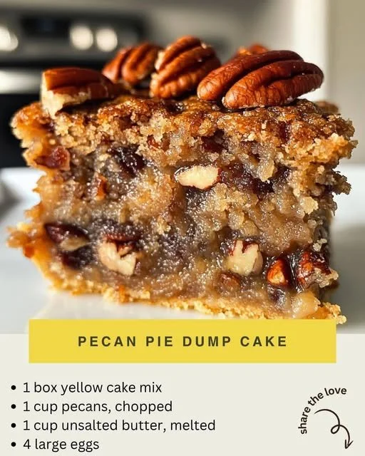 Delicious pecan pie dump cake served warm with a scoop of ice cream