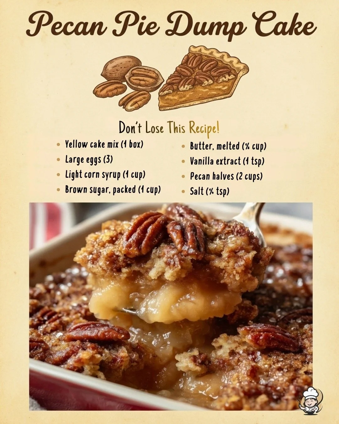 Delicious Pecan Pie Dump Cake topped with pecans and caramel sauce.