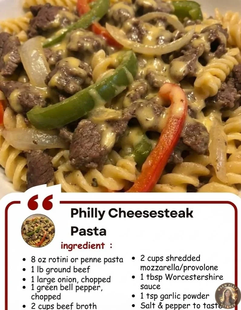Delicious Philly Cheesesteak Pasta with steak, cheese, and pasta