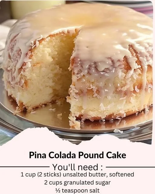 Slice of Pina Colada Pound Cake topped with coconut and pineapple.