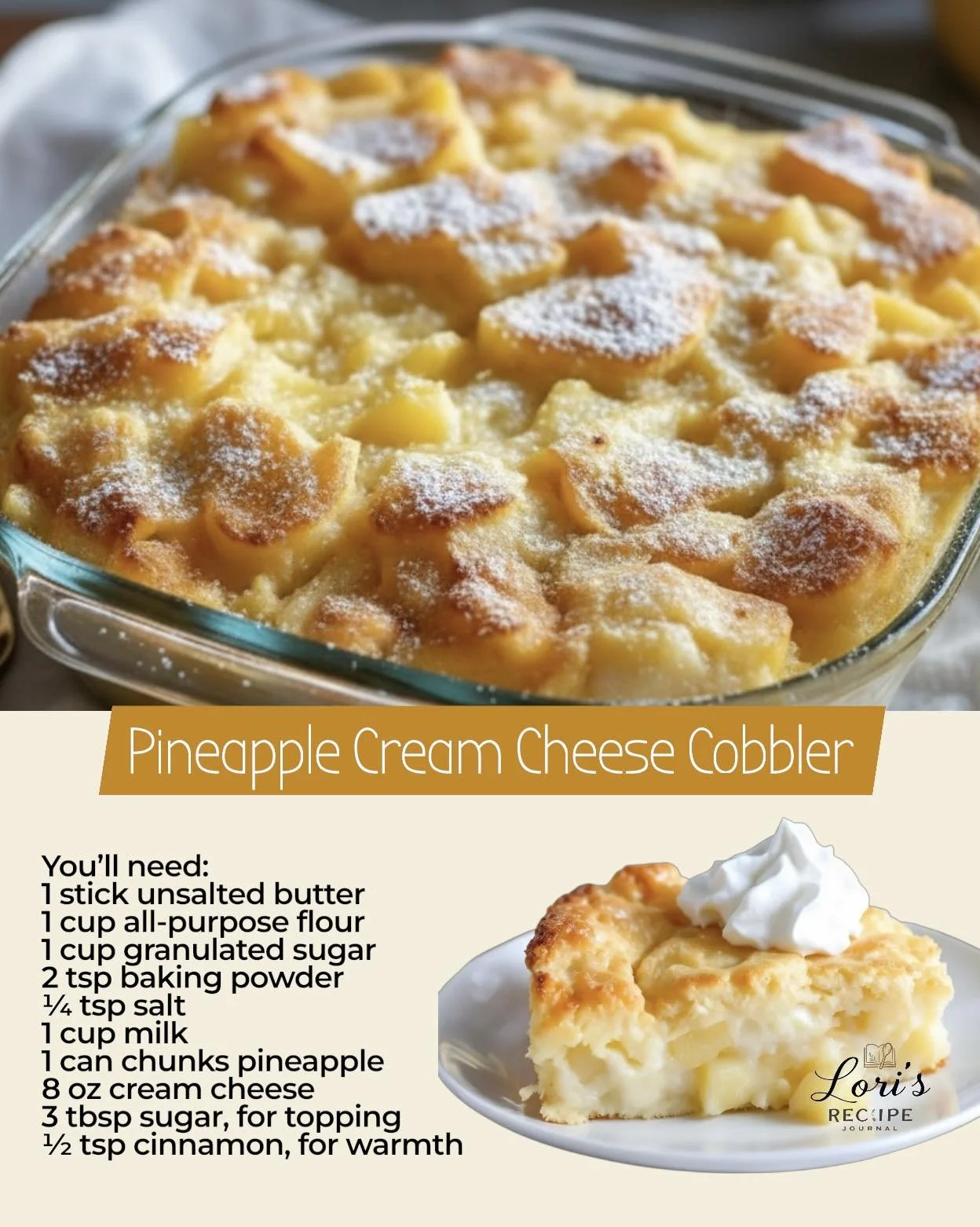 Delicious Pineapple Cream Cheese Cobbler served in a dish