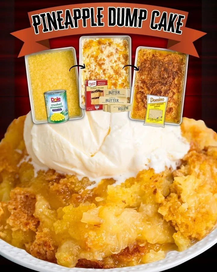 Delicious pineapple dump cake topped with a golden crust