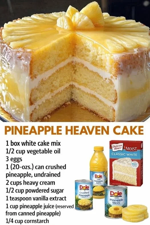 Slice of Pineapple Heaven Cake with fresh pineapple and whipped cream topping