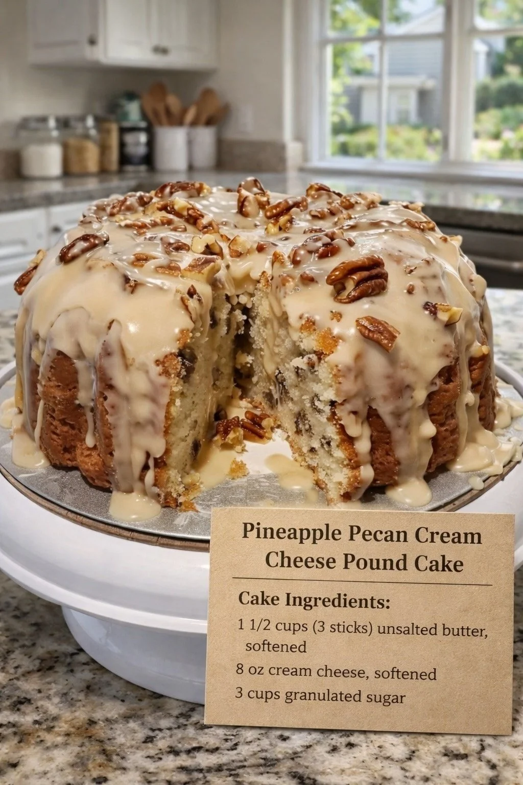 Slice of Pineapple Pecan Cream Cheese Pound Cake on a plate