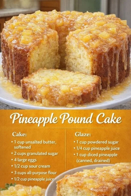 Delicious slice of homemade Pineapple Pound Cake with tropical flavors
