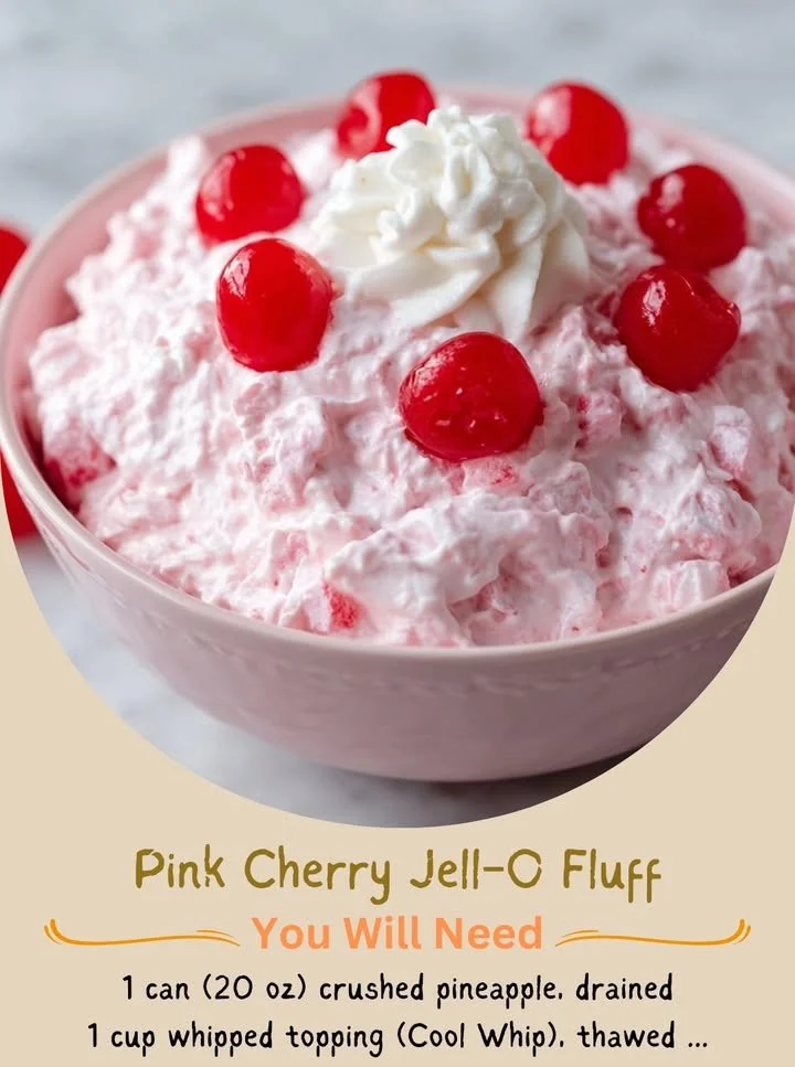 Delicious Pink Cherry Jell-O Fluff dessert served in a bowl