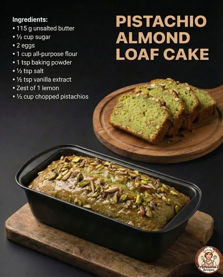 Pistachio Almond Loaf Cake topped with nuts and garnished on a plate