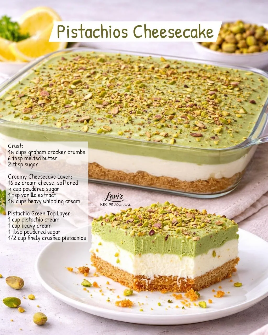 Delicious slice of Pistachios Cheesecake topped with crushed pistachios