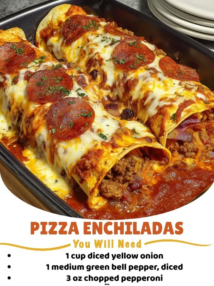 Plate of cheesy pizza enchiladas topped with fresh ingredients