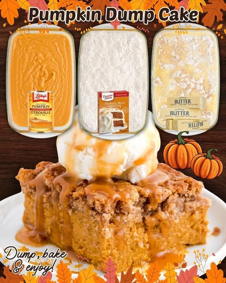 Deliciously baked Pumpkin Dump Cake served on a plate with whipped cream on top.