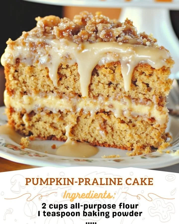 Deliciously layered Pumpkin-Praline Cake with pecan topping and spices
