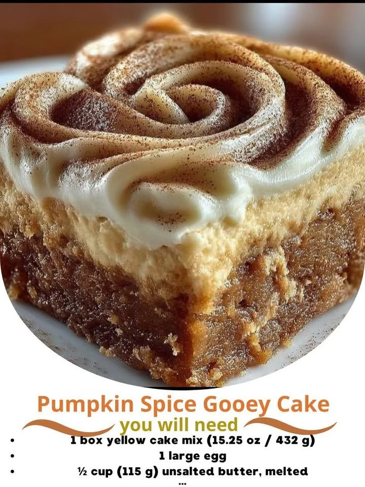 Delicious pumpkin spice gooey cake topped with cream frosting and spices