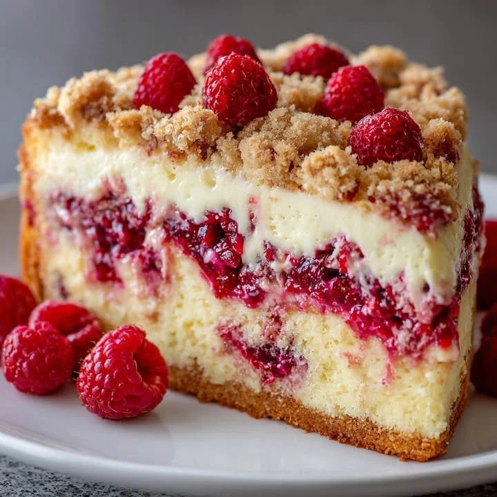 Raspberry Cream Cheese Coffee Cake served on a plate with fresh raspberries