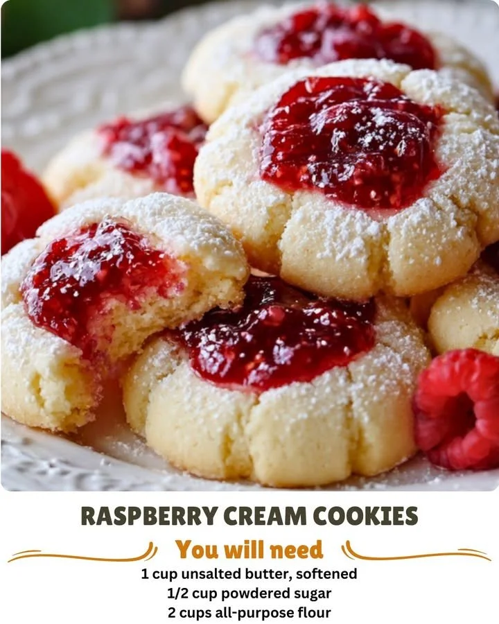 Plate of raspberry cream cheese shortbread cookies topped with fresh raspberries.