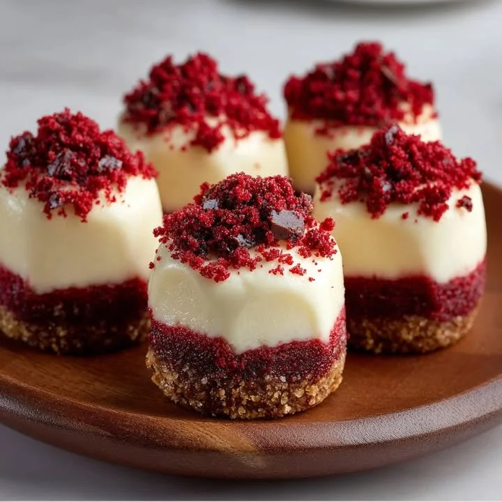 Delicious Red Velvet Cheesecake Bites displayed on a plate.