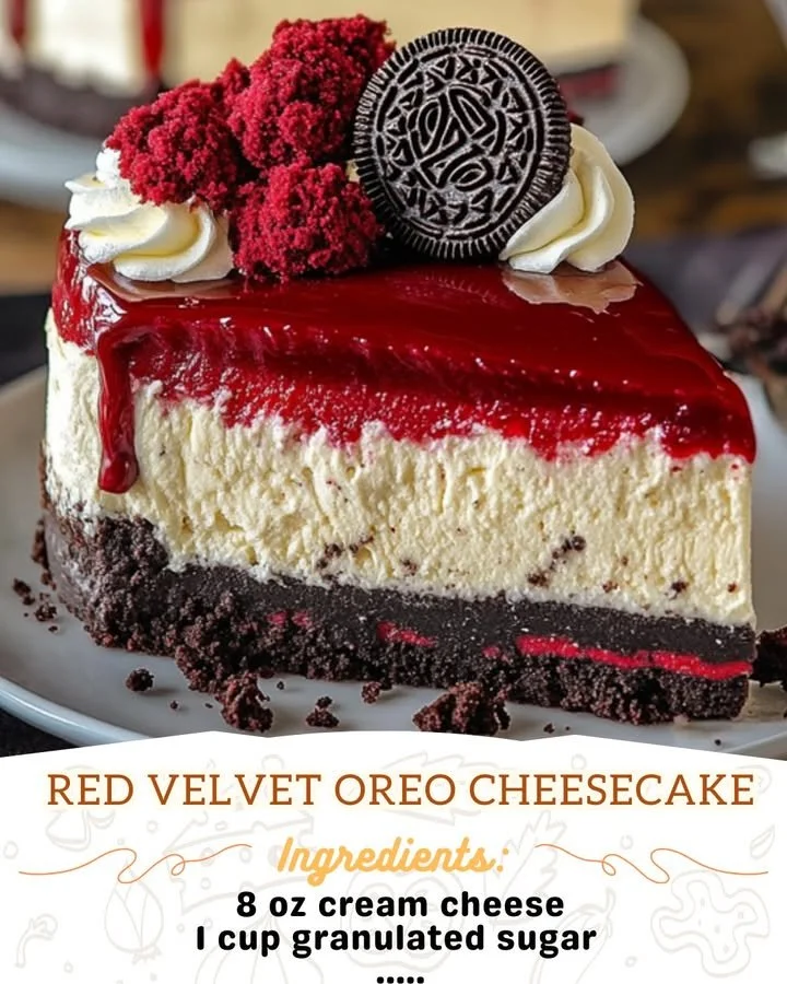 A slice of Red Velvet Oreo Cheesecake topped with whipped cream and chocolate shavings.