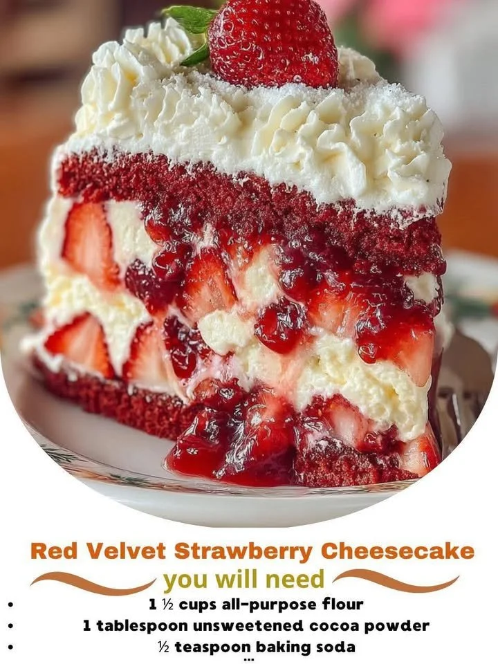 Delicious Red Velvet Strawberry Cheesecake topped with fresh strawberries