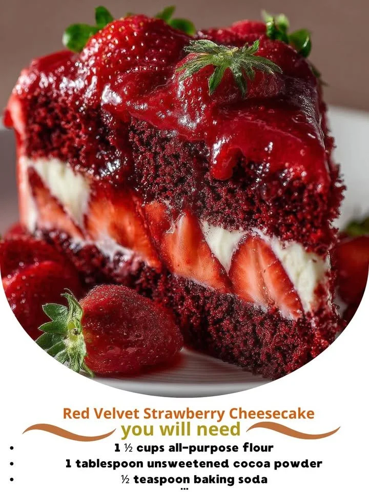 Red Velvet Strawberry Cheesecake with fresh strawberries and cream