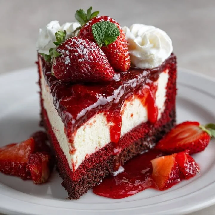 Delicious Red Velvet Strawberry Cheesecake topped with fresh strawberries.