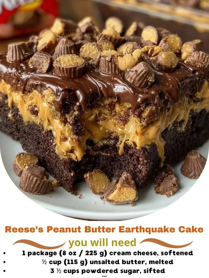 Reese's Peanut Butter Earthquake Cake with chocolate and peanut butter layers.