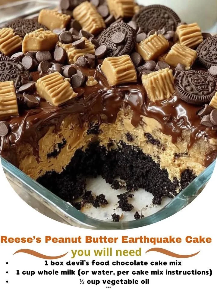 A delicious slice of Reese’s Peanut Butter Earthquake Cake topped with chocolate sauce.