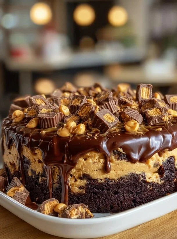 Delicious slice of Reese’s Peanut Butter Earthquake Cake with chocolate and peanut butter drizzle.