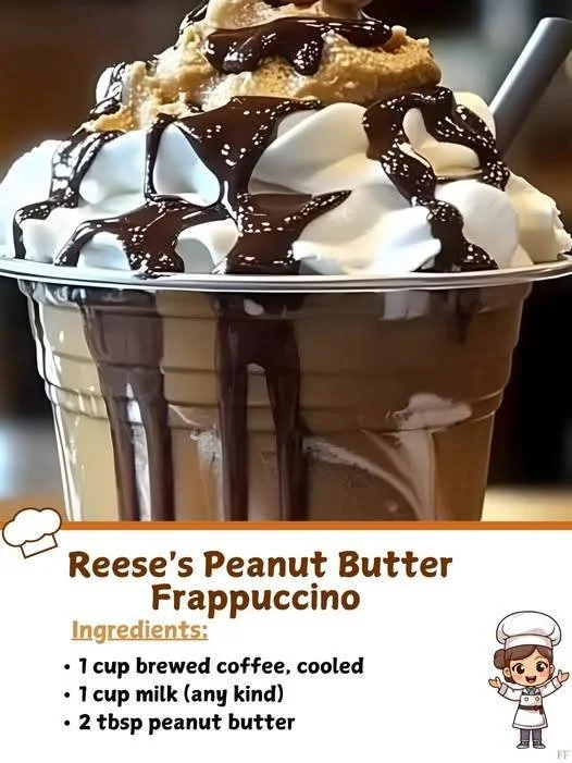 Delicious Reese's Peanut Butter Frappuccino topped with whipped cream and chocolate drizzle