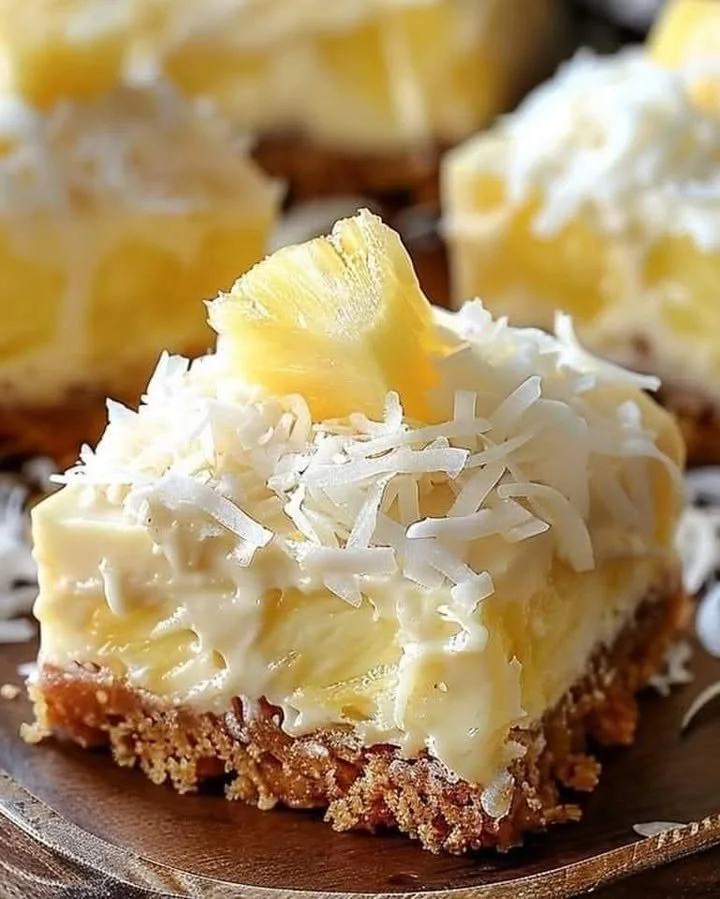 Delicious no-bake pineapple coconut bars on a serving platter.