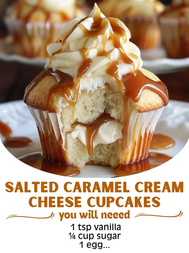 Delicious salted caramel cream cheese cupcakes with drizzled caramel topping