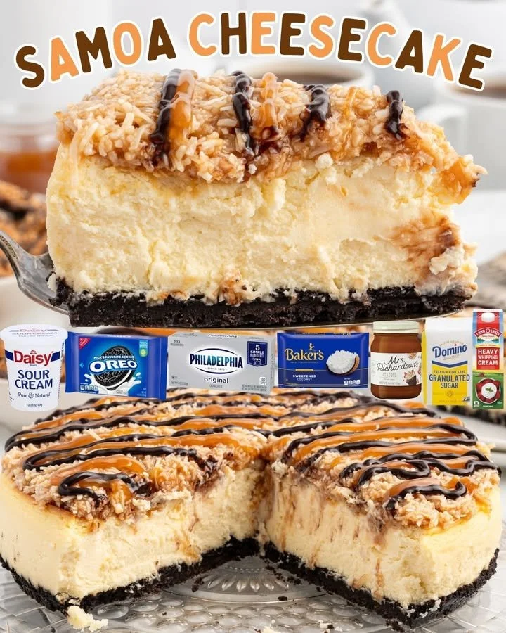 Decadent Samoa Cheesecake with chocolate, coconut, and caramel toppings