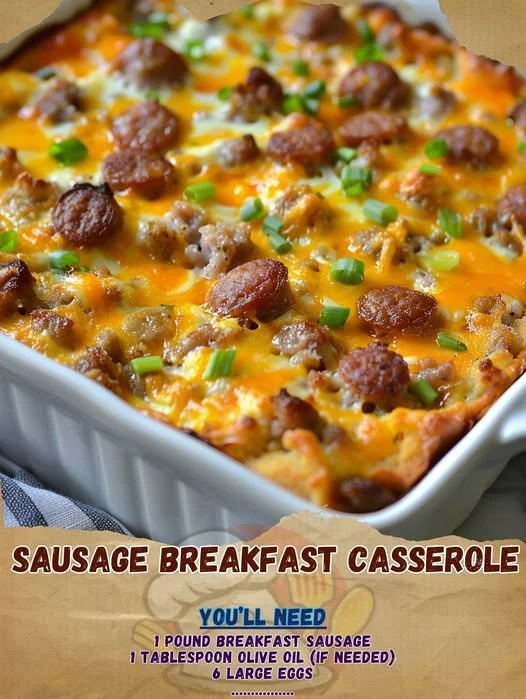 Delicious Sausage Breakfast Casserole served with fresh herbs