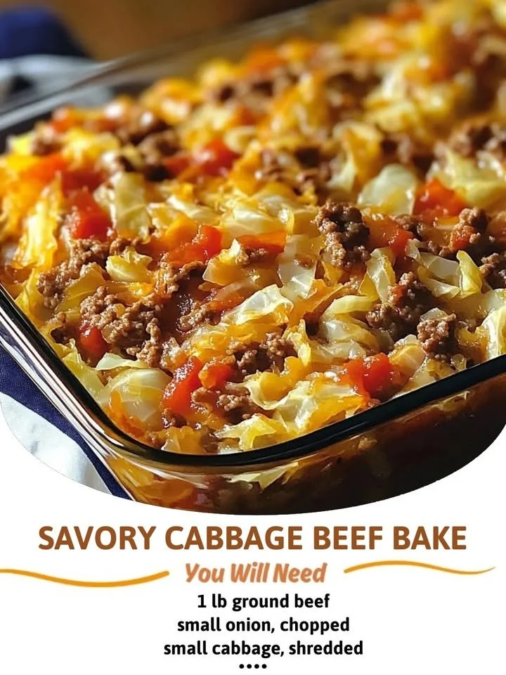 Savory Cabbage Beef Bake with layers of cabbage and seasoned beef