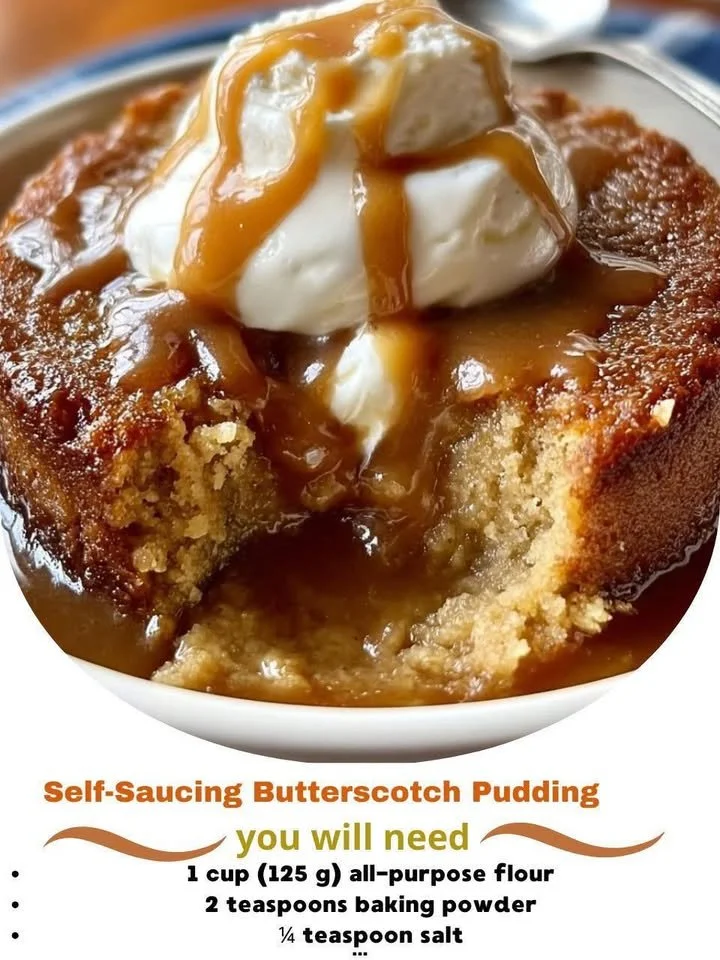 Delicious self-saucing butterscotch pudding served in a dessert bowl