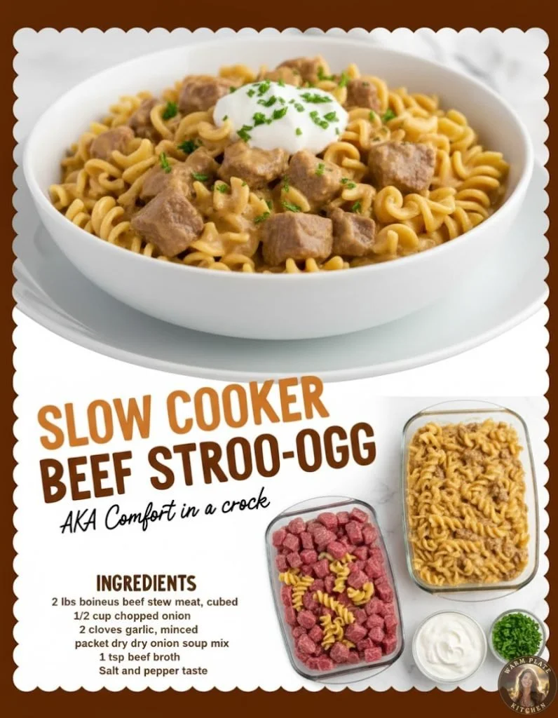 Delicious slow cooker beef stroganoff served with noodles and garnished with parsley