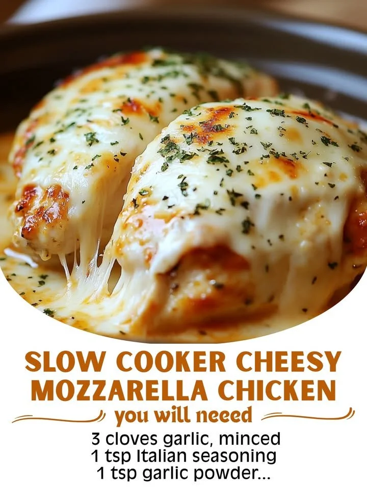 Slow Cooker Cheesy Mozzarella Chicken with creamy sauce and melted cheese