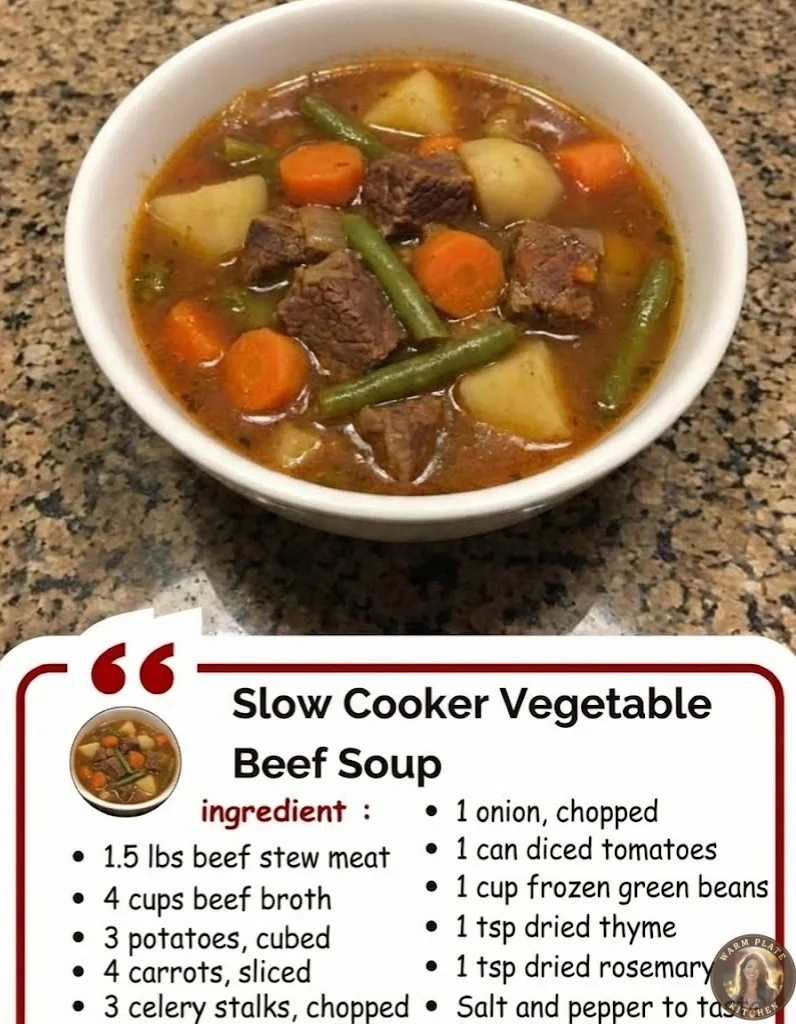 Bowl of slow cooker vegetable beef soup filled with fresh vegetables and tender beef.