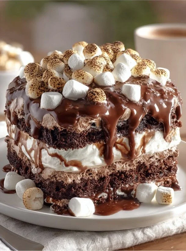 Delicious S'mores chocolate cake with layers of marshmallow and graham cracker